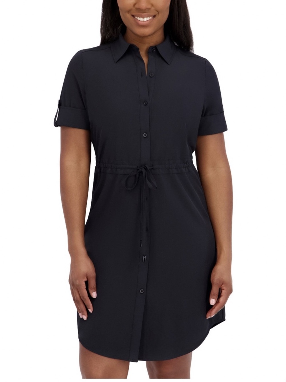 NWT Halston Shirt Dress Black
Drawcord Waist Short Sleeve
Women's Size XS
